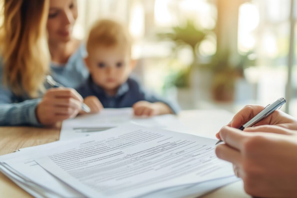Close-up of hands writing on forms at a desk, with a blurred child in the background, suggesting filling out paperwork together.